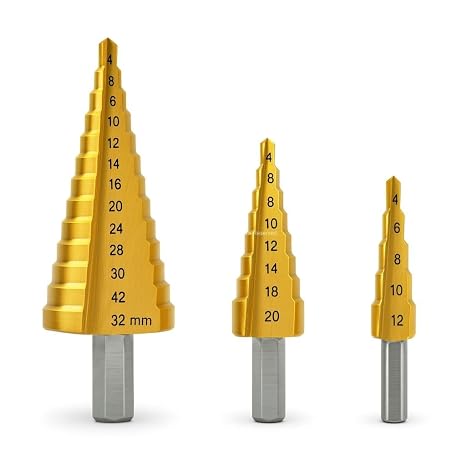 Kademeli Matkap Ucu Seti, 3'lü, HSS, Titanyum Nitrür Kaplamalı, 4-32 mm, Metal, Sac, Alüminyum, Plastik İçin, Uzun Ömürlü, Pürüzsüz, Delik Açma, Yüksek Performans, Tüm Matkaplara Uyumlu
