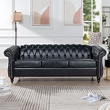 KEIKI 39" PU Leather Chesterfield Sofa with Rolled Arms & High Resilience Cushion, Modern Style Upholstered 1-Seater Button Tufted Couch with Birch Legs, Easy Assembly, for Living Room, Black