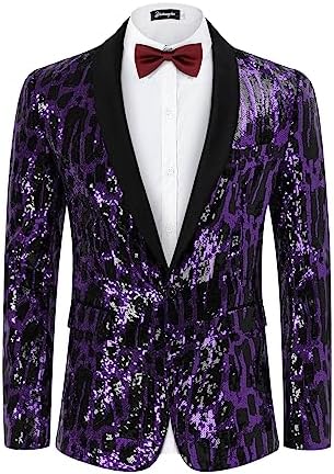 TURETRENDY Men Shiny Sequin Blazer Jacket Stylish One Button Tuxedo Suit Jackets for Party Dinner Prom