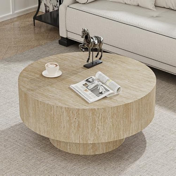 Round Coffee Table for Living Room Modern Drum Center Table Circle Boho Coffee Tables with Sturdy Base, for Living Room Reception Room, Easy Assemble Travertine Round