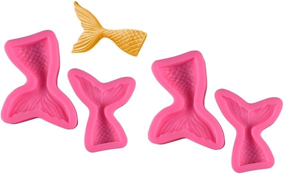 4Pcs Pink Mermaid Tail Mold,3D Animal Silicone Fondant Molds Small Resin Mermaid Tail Candy Chocolate Cookie Making Molds Tools Ocean Theme Cake Topper for Baking DIY Decoration