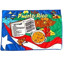 Rubio Puerto Rico Kitchen Towel with Typical Images of Flag, Coqui, Lechon a la Varita, Amapola Flower, Flamboyan Tree and Arroz con Gandules