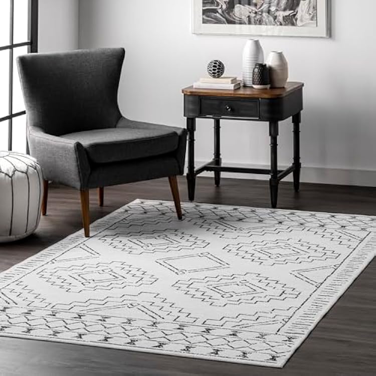 Nuloom SpinClean Noa WhiteCharcoal, 3 x 5, Moroccan, Soft and Cozy, High Traffic, Stain Resistant, Easy Clean, Durable, Machine Washable Area Rug for Bedroom, Living Room, Dining, Den, Foyer