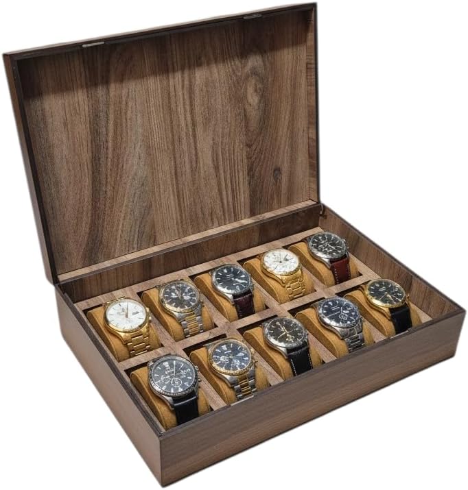 Ahşap 10’lu Saat Kutusu MDF Mıknatıslı Kapaklı 31x21x9 cm Saat Saklama ve Organizer Kutusu