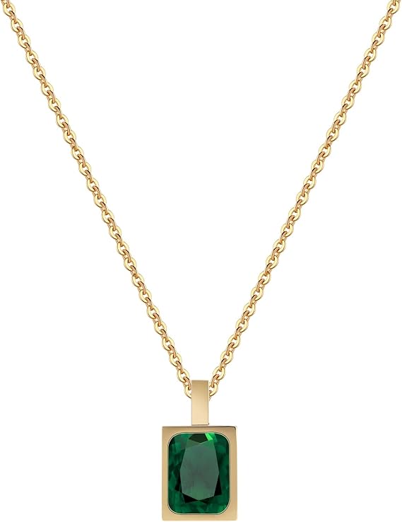 18K Gold Emerald & Ruby Pendant Necklace for Women, Square Cut Gemstone