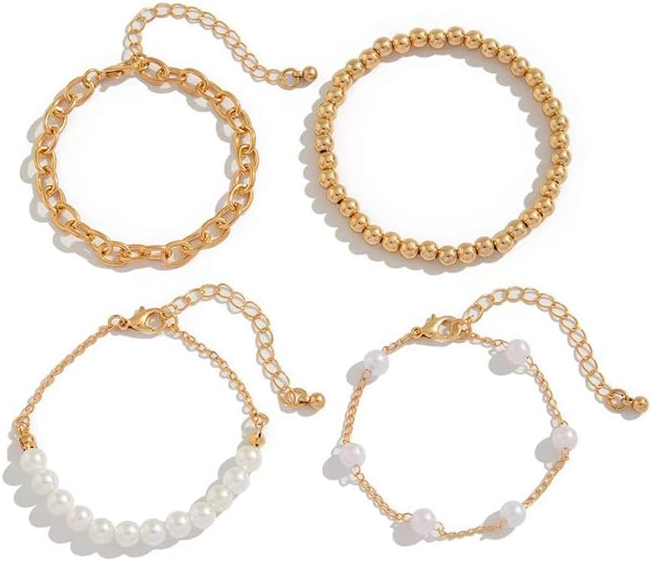 Gold and Pearl Bracelet Stack for Women Non Tarnish Beaded Bracelet Stackable Layered Pearl Beaded Bracelet Set for Christmas Birthday Gift Wedding Bridal
