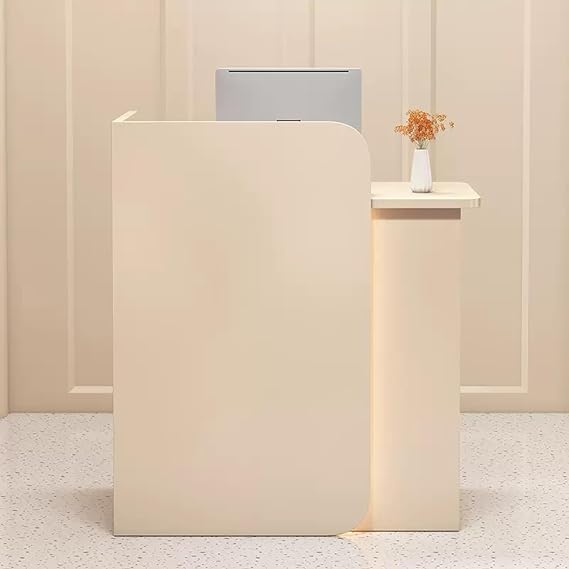 Reception Desk, Front Reception Counter Desk Checkout Office Table with Lockable Drawer, Modern Cashier Cabinet, Wooden Cashier Counter with Storage Space, for Spa Salon (Khaki + Khaki)