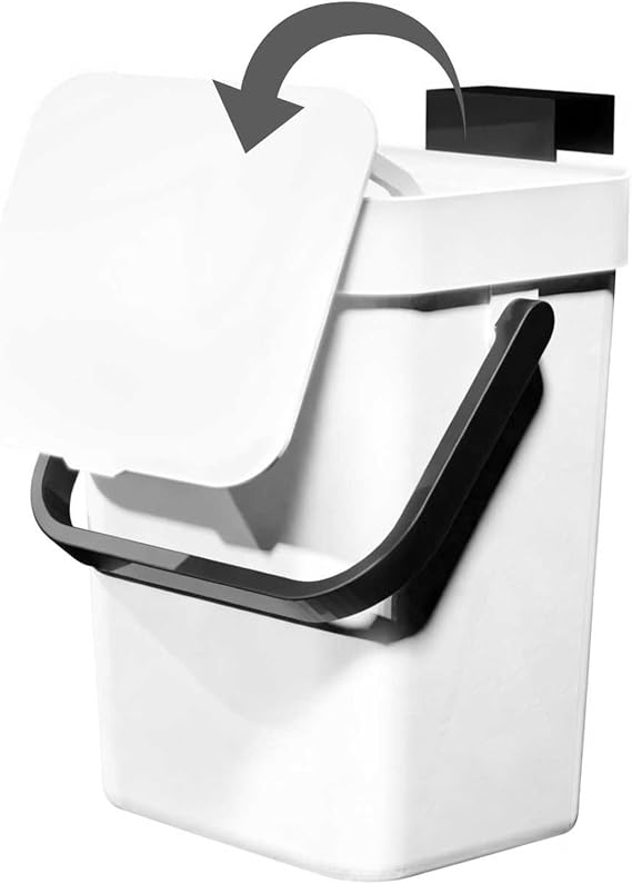 Compost Bin Kitchen, for use on Countertops or Under Sinks, Hanging Trash Can with Lid, Mountable Indoor Compost Bucket, for Cupboard/Bathroom/Bedroom/Office/Camping (White 0.8 Gallon/3L)