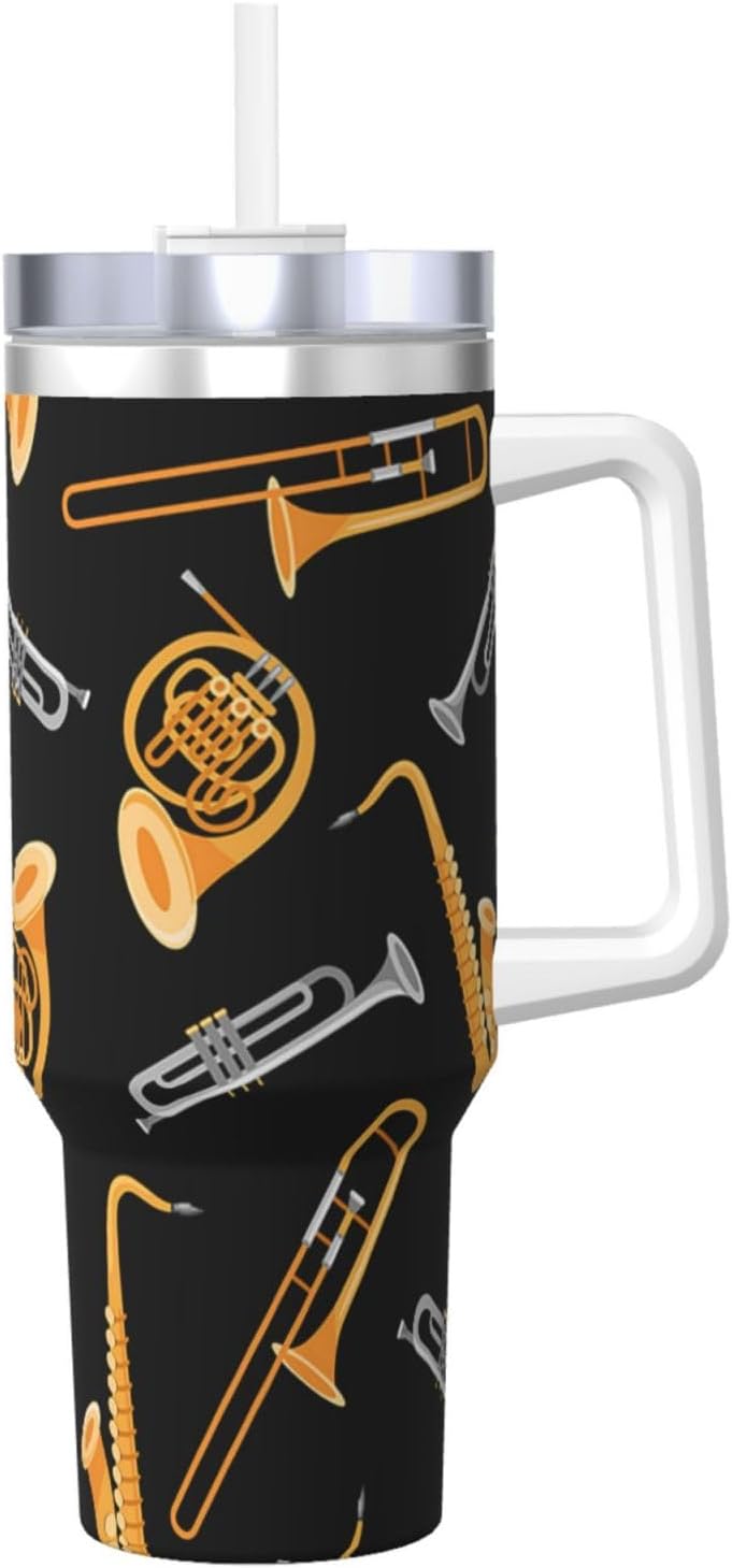 Saxophone Trombone Music Black,40OZ Ice Bully Cup with Handle Stainless Steel Mug Water Bottle
