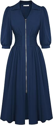 GRACE KARIN Women Fall Midi Dress 2025 A Line Smocked Work Dress Fit and Flare V Neck Zipper 34 Sleeve Dress Casual Pockets
