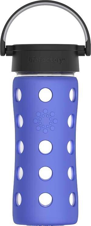 Lifefactory 12oz Glass Water Bottle with Classic Chug Cap, Periwinkle | Protective Silicone Sleeve, Chug Cap, Carry Handle, BPA Free, Reusable, Dishwasher Safe