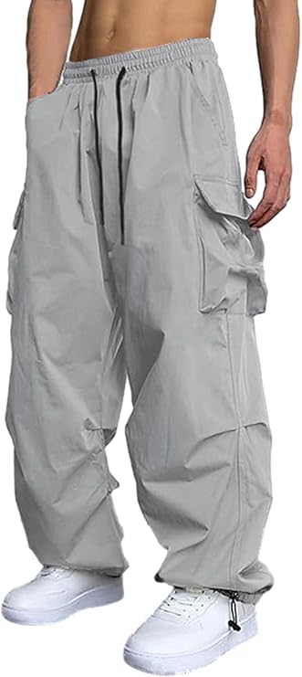 Men's Casual Cargo Pants Elastic Waist Drawstring Street Hip Hop Trousers with Pockets
