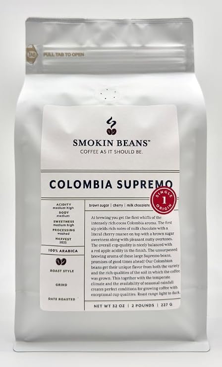 Smokin Beans Colombia Supremo Washed Whole Bean, Medium Roasted, 2-Lb, 1ct