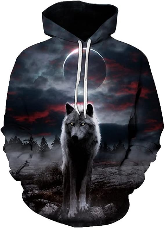 Mens Fashion Hoodies Pullover Wolf 3D Printing Animal Graphic Sweatshirt Hoodie