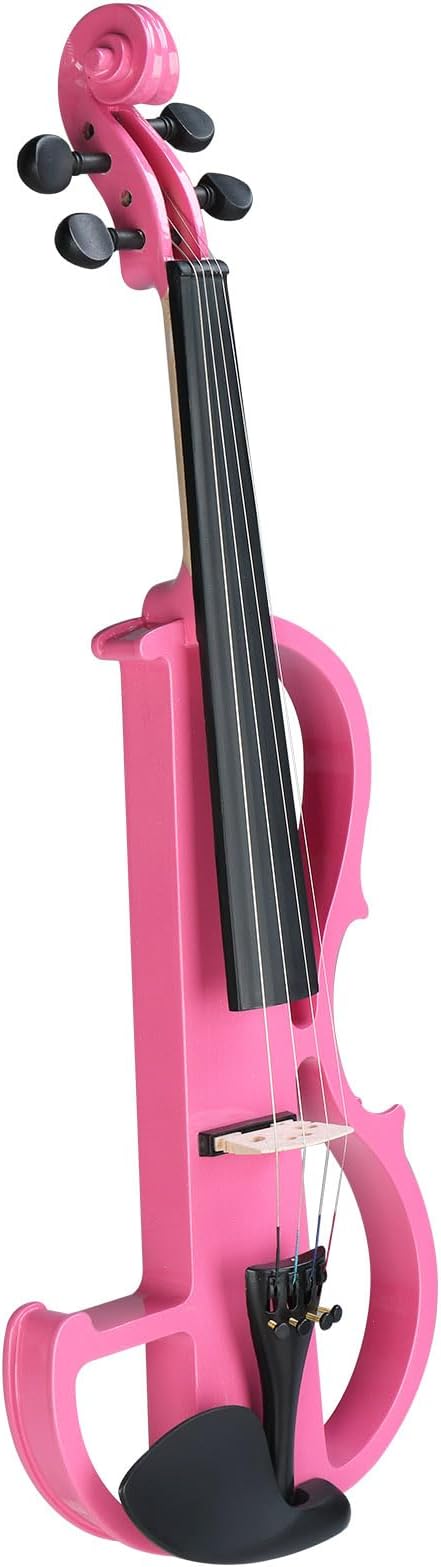 Electric Violin Full Size 4/4, Silent Metallic Electric Fiddle with Case,Bow, Rosin, Headphone, Connecting line, String (Pink)