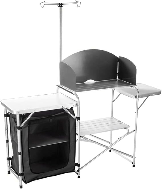 Folding Cooking Table Outdoor Portable Cook Station Aluminum Camping Kitchen with Storage Organizer, Windscreen, Hooks for BBQ, Party (Silver)