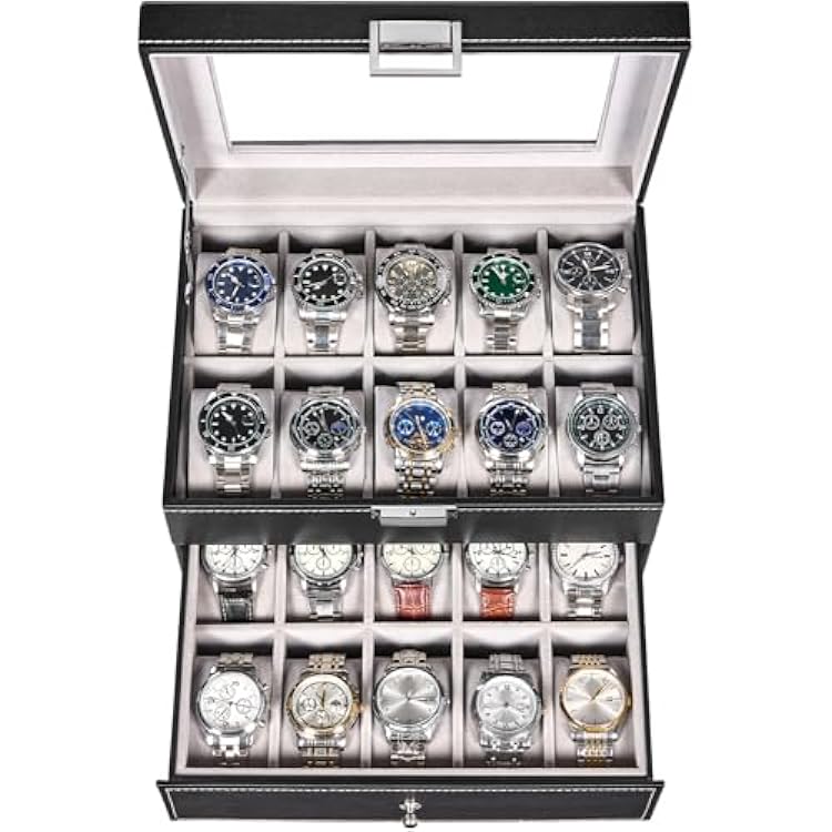 BEWISHOME Watch Case, 20-Slot Watch Box Organizer for Men Watch Case with Large Glass Lid Watch Travel Case Removable Watch Pillows, Mens Jewelry Box Watch Display Case, Watch Storage, Black SSH04B