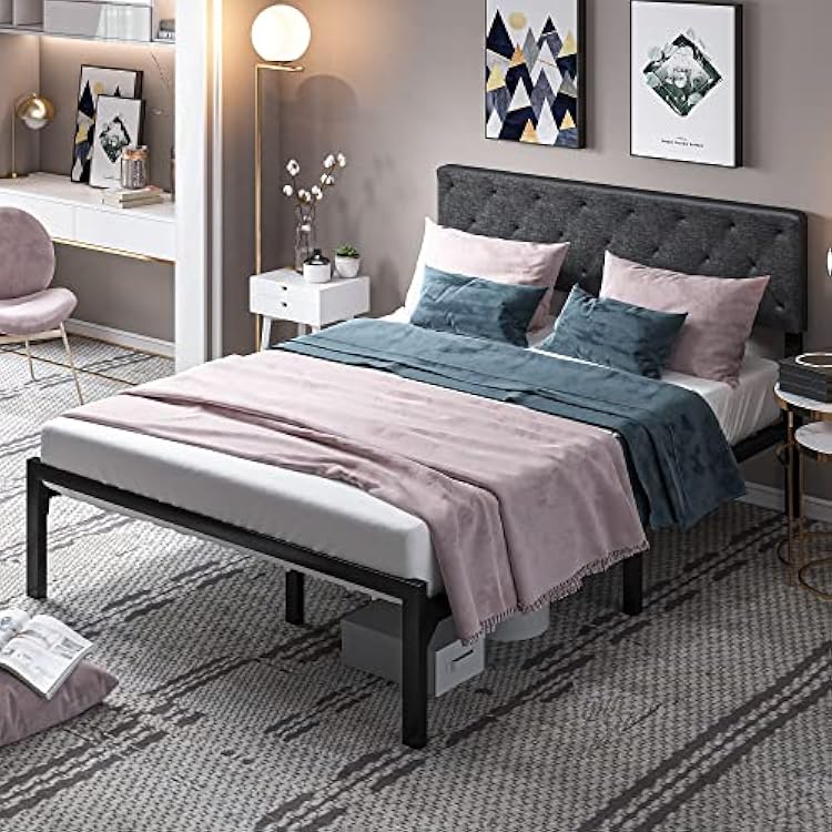 YITAHOME Upholstered Platform Bed with Adjustable Headboard, Queen Size Bed Frame with Steel SlatNo Box Spring NeededMattress Foundation