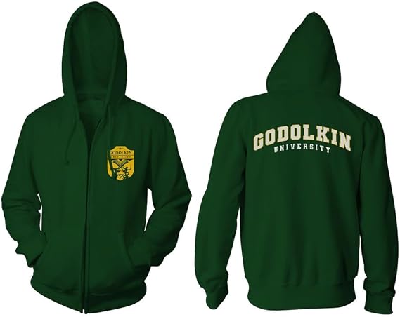 Ripple Junction Gen V Mens Full Zip-Up Hooded Sweatshirt Front & Back Graphic Godolkin University Crest Officially Licensed