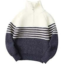 Happy Cherry Boys Striped Knit Sweater Long Sleeve Half Zip Pullover Shirt Mock Neck Sweatshirt for Winter Fall 5-12Y