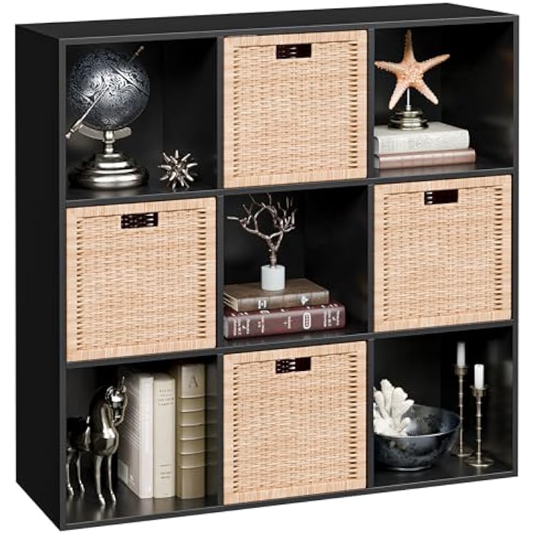 JupiterForce 9 Cube Storage Organizer Wooden Display Shelf W 5 Removable Back Panels, Customizable Bookcase Bookshelf for Home, Office, Bedroom and Living Room Black