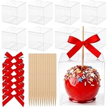 Temmgnie 30 Sets Candy Apple Boxes with Holes,4"x 4"x 4" Clear Caramel Apple Box,Plastic Favor Boxes with Red Ribbons for for Wedding,Graduation Party,Brithday,Christmas Cookies Cake