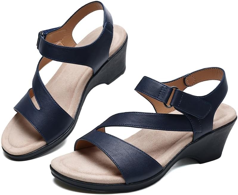 Maxome Wedge Sandals for Women Dressy Heels 2-Inch Platform Leather Dress Shoes with Wide Toe Arch Support Adjustable Strap Comfort Casual for Summer Work Travel beach Dating Wedding