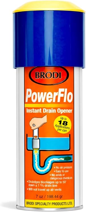 Powerflo Instant Drain Opener, Non-Chemical Hydraulic Action Clears Clogs Fast, Works on All Drain Sizes, Safe for Plumbing & Vents, Powerful solution with 18 applications (Pack of 1)