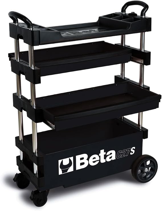 Beta C27S Black Collapsible Rolling Tool Cart | 200 Pound Load Capacity | Heavy-Duty Mobile Metal Tool Trolley | 4 Steering Wheels with Brakes | Thermoplastic Worktop | Keyed Lock