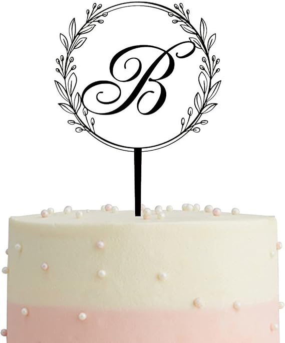 Rustic Wreath Monogram Cake Topper,Initial B Letter Wedding Cake Topper Custom Any Initial Black Acrylic Cake Topper for Engagement Party Decor Personalized Birthday Cake Toppers Gifts