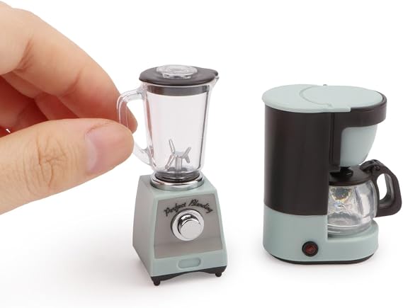 Dollhouse 1/12 Miniture Coffee Maker & Juicer Set 2Pcs Doll House Kitchen Appliances Furniture Plastic Model Coffee Pot Blender Accessories (Blue)