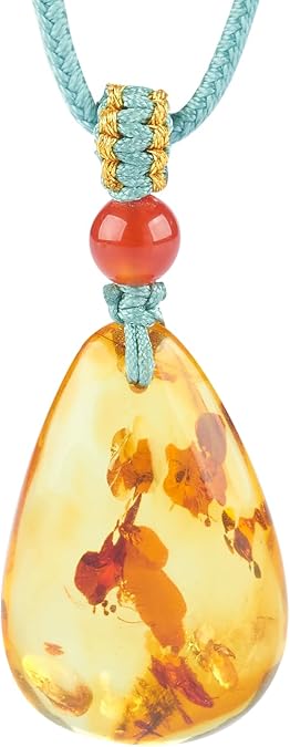 Handmade Natural Baltic Amber Teardrop Pendant Necklace, Cognac Colour, Polished Amber, Wood Gift Box Packaging, Energy Stone Necklace