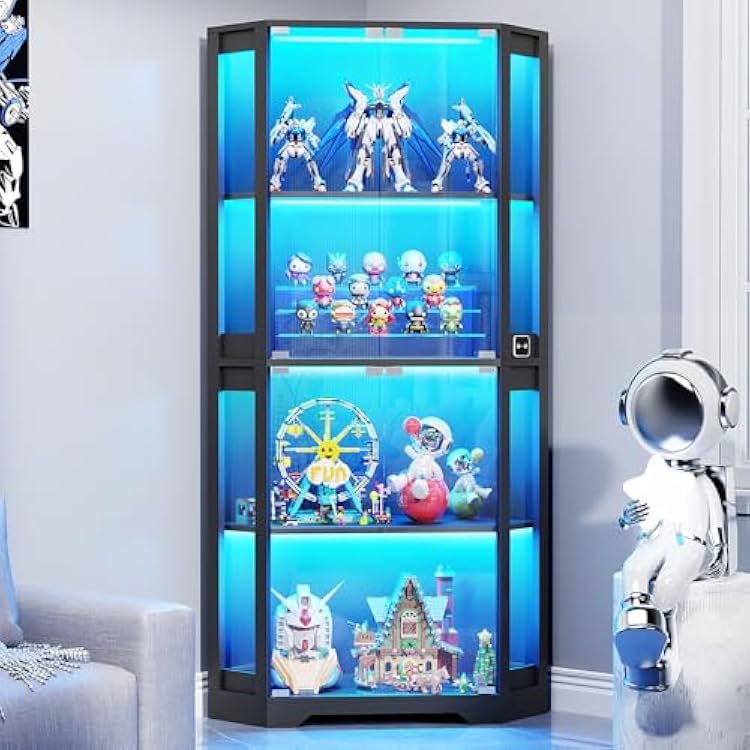 BROTTAR 65 Tall Display Cabinet with Glass Doors, Corner Curio Display Case with LED Lights & Motion Sensor for Collectibles, Book, 4-Tier China Cabinet Bookcase for Living Room Black