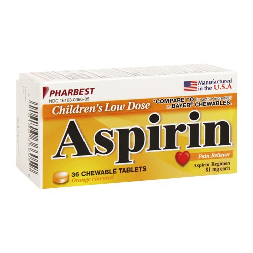 PHARBEST Aspirin Low Dose 81mg Each, Chewable, 36 Count Bottle, Orange Flavor
