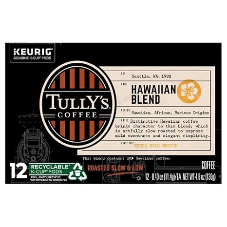 Tully's Coffee Hawaiian Blend Tully's Coffee Keurig Single-Serve K-Cup Pods, Medium Roast Coffee, 12 Count