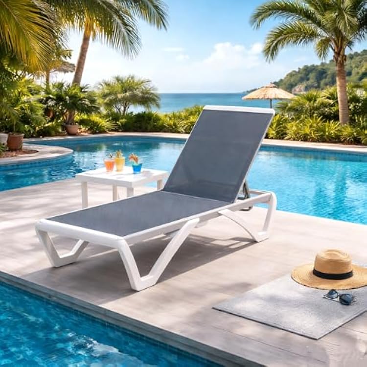 Kozyard Outdoor Chaise Lounge Chair, Full Flat Adjustable Patio Lounger with Aluminum Frame & Resin Legs, Textilene Fabric for Poolside, Backyard & Beach Gray, Chair with Table