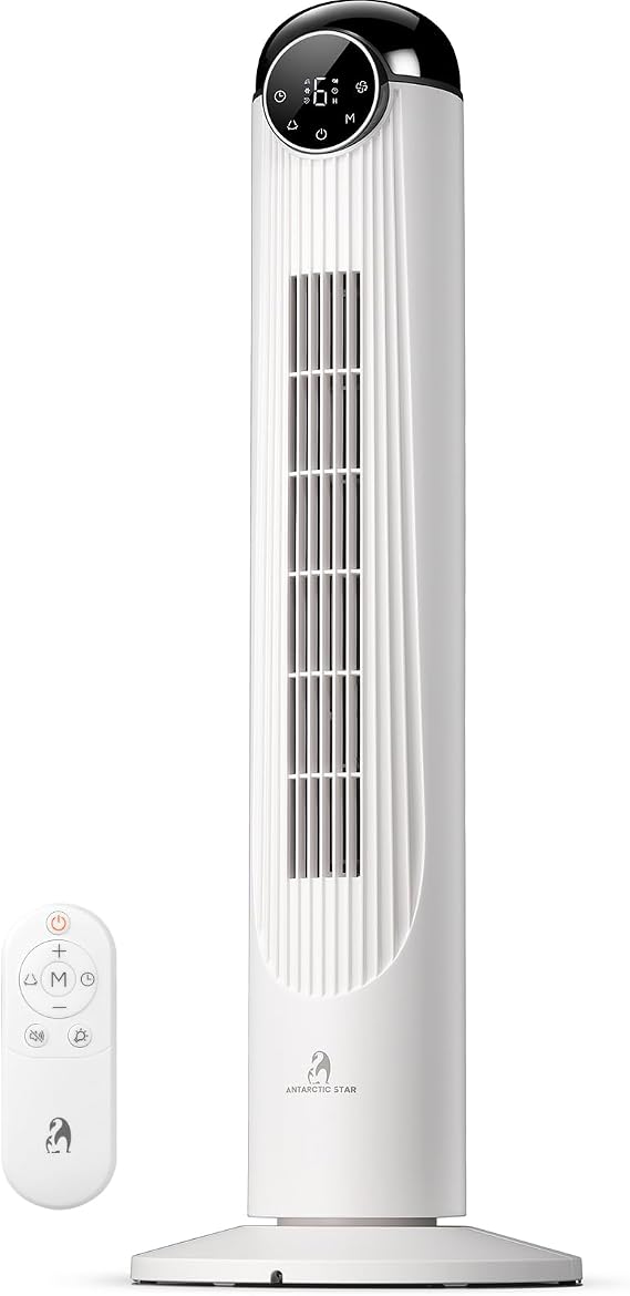 Antarctic Star T36 Tower Fan-36 Inch, Bladeless Oscillating Fan with Remote, 6 Speeds & 4 Modes, LED Display, 9H Timer, Quiet Floor Standing Fan for Bedroom Living Room Office, White