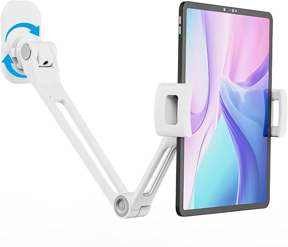 Tablet Wall Mount,Aluminum iPad Wall Mount Holder with 360Rotatable Base, Universal for 4.7-12.9" iPad mini/Air/Pro/Galaxy Tab, Foldable & Adjustable Stand for Kitchen,Office(White)