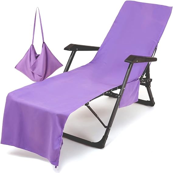Morbuy Portable Solid Color Beach Towel, Beach Chair Cover Towel, Sun Lounger Beach Towel with Pockets, Microfiber Chaise Lounge Towel Cover for Summer Outdoor Garden Pool Vacation Travel (Purple)
