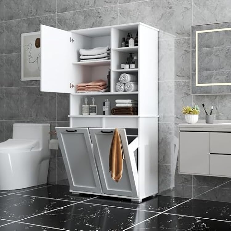 Double Tilt Out Laundry Hamper Cabinet,Hidden Laundry Cabinet with 2 Laundry Storage Baskets,Adjustable Two-Layer Shelves Behind The Door and Open Shelf,Wood Storage Cabinet for Bathroom,White