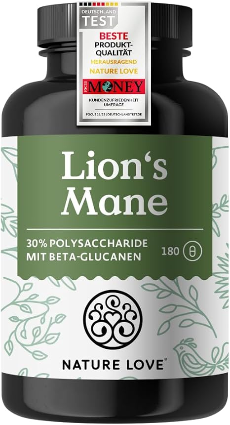 NATURE LOVE® Lions Mane - 180 Kapseln - hochdosiert mit 1500mg 30:1 Extrakt je Tagesdosis - 30% Polysaccharide und 5% Beta-Glucane - Hericium Erinaceus Mushroom - Vegan und laborgeprüft