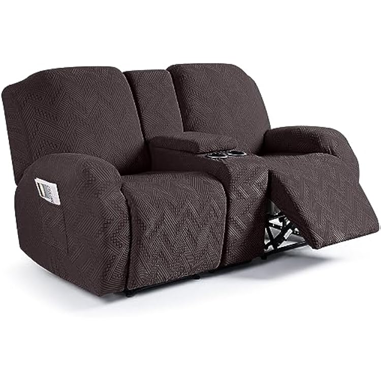 Ruaozz Loveseat Recliner Covers with Console, 4-Pieces Recliner Sofa Covers Stretch Jacquard Reclining Couch Covers with Pockets Furniture Protector with Elastic Straps Bottom Chocolate