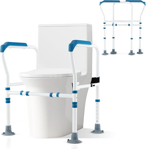 COSTWAY Foldable Toilet Safety Frame, Height & Width Adjustable Toilet Handrail Support Aids with Fixed Strap, Non-Slip Bathroom Toilet Frame Safety Rails Stand for Eldery Handicap Disabled (Blue)