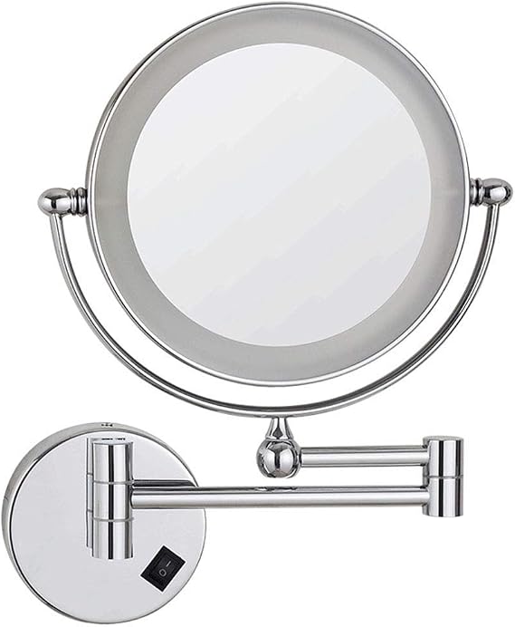 Wall Mounted Makeup Mirror with Magnification,Premium 8'' Two-Sided Bathroom Vanity Mirror,360 Degree Swivel,Extendable Arm,Round,with LDE Lights,for Bathroom(10x,USB)