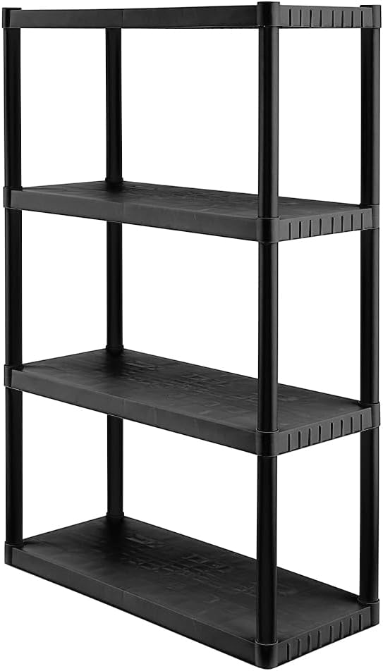 CENTREX CX 4-Tier Medium Duty Plastic Storage Shelves for Garage, Black | Freestanding utility rack for garage or pantry organization, Easy assembly, 4 tiers at 75lb/shelf, 34.8"W x 14.6"D x 52.1"H