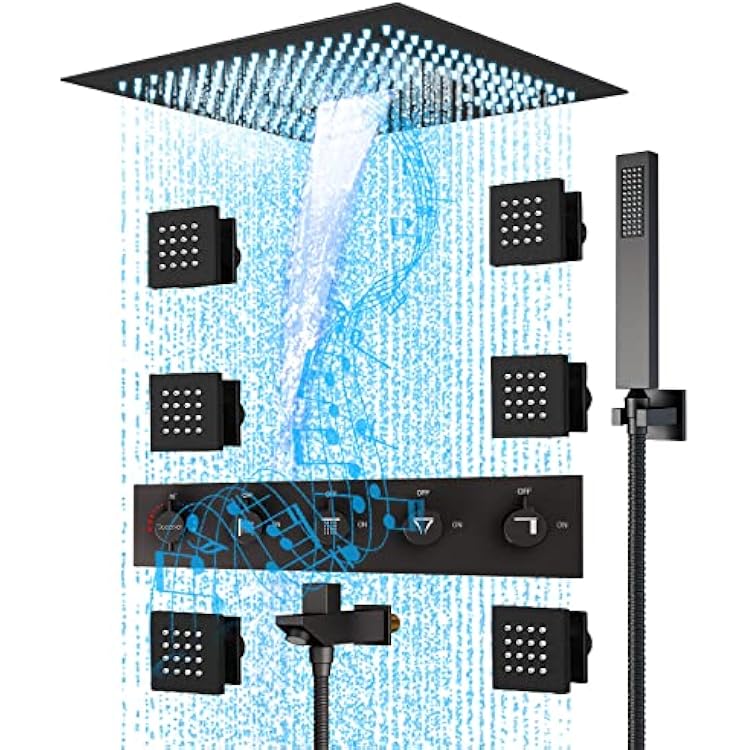 Black Shower Head and Handle Set, Smart Shower System with Body Jets, 16Shower Trim Kit, Thermostatic Shower System with Digital Display, Bathroom Shower System Complete Set