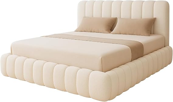 Luxury Cloud Teddy Boucle Ottoman Storage Bed Frame, Double Size, Panel Headboard, Modern Style, Upholstered Fabric (Cream, 5ft king size)