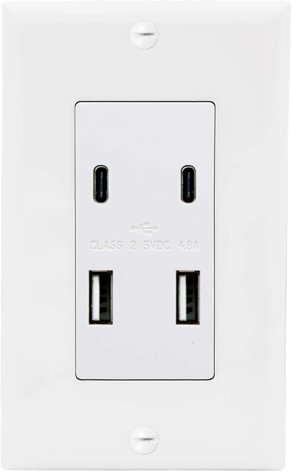 Maxxima USB Receptacle Outlet, 4.8A USB C/A USB Charging Ports, White
