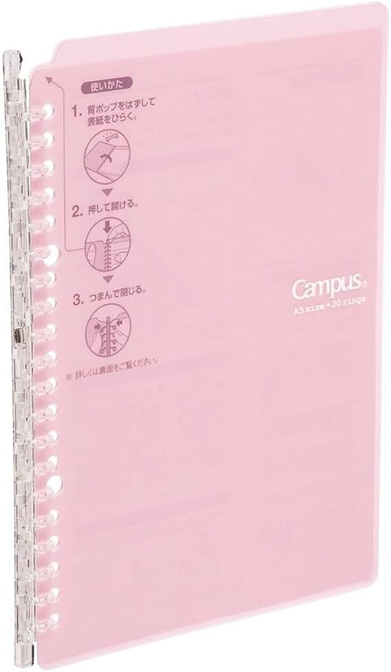 Kokuyo Smart Ring Binder, B5 Light Pink Binder Notebook, Up to 25 Sheets | Campus Refillable Notebook 26 Holes with 10 Extra Loose-Leaf Paper in 6mm Dot Ruled Japanese Slim Binder for Work & Study