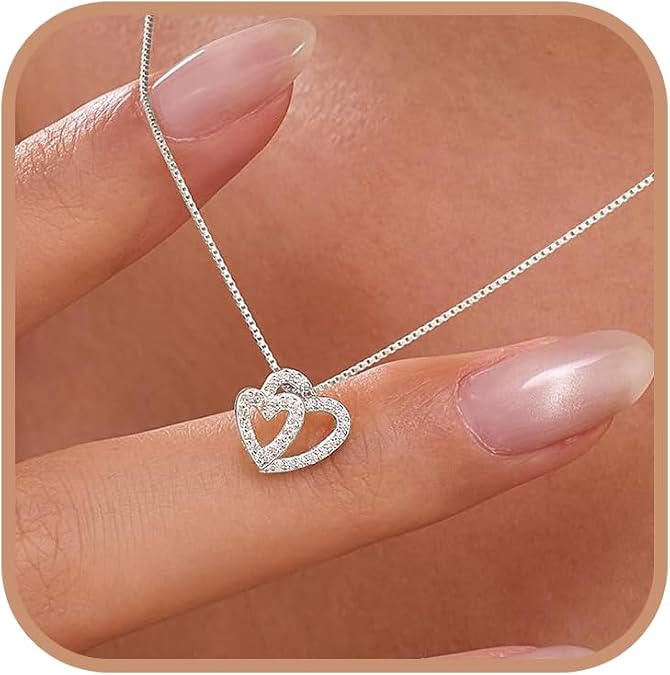 925 Sterling Silver Dainty Cubic Zirconia Heart Necklace for Women